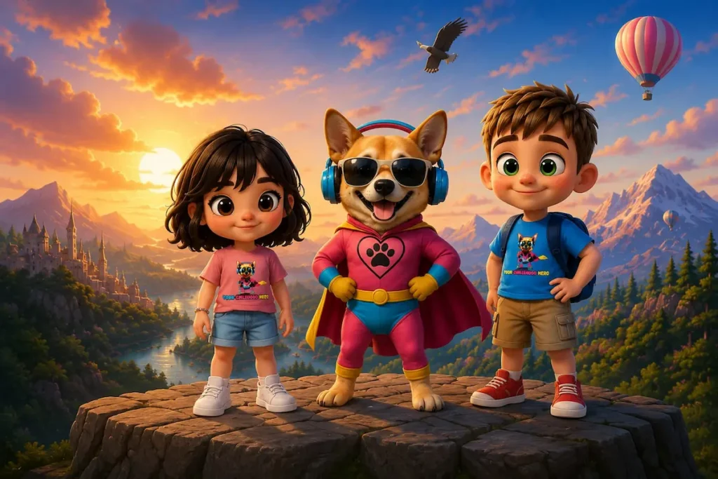 SuperJackie, Gabi, and Max standing together, ready for a new adventure.