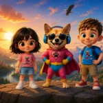 SuperJackie, Gabi, and Max standing together, ready for a new adventure.