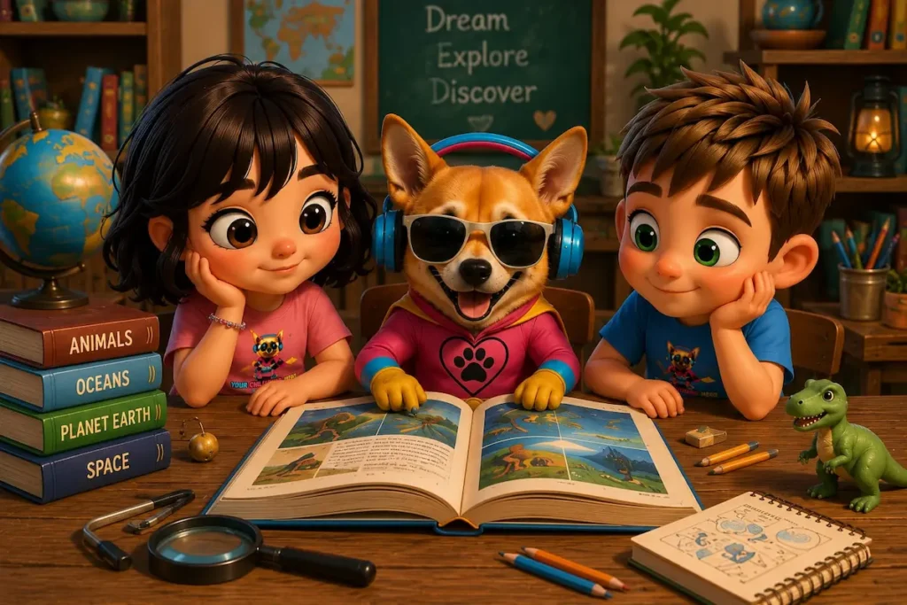 SuperJackie, Gabi, and Max learning together in the SuperJackie adventure series
