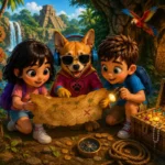 SuperJackie, Gabi, and Max following a treasure map during a jungle adventure.