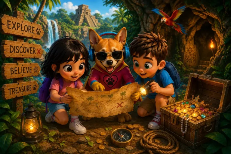SuperJackie, Gabi, and Max following a treasure map during a jungle adventure.