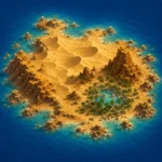 Illustrated desert island inspired by the Sahara, featuring golden sand dunes, rocky cliffs, and a lush oasis.