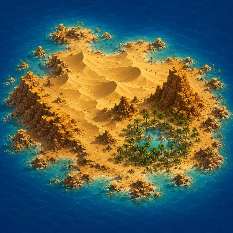 Illustrated desert island inspired by the Sahara, featuring golden sand dunes, rocky cliffs, and a lush oasis.