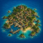 Illustrated map of Sunhill Village featuring the harbor, castle, beaches, and colorful houses.