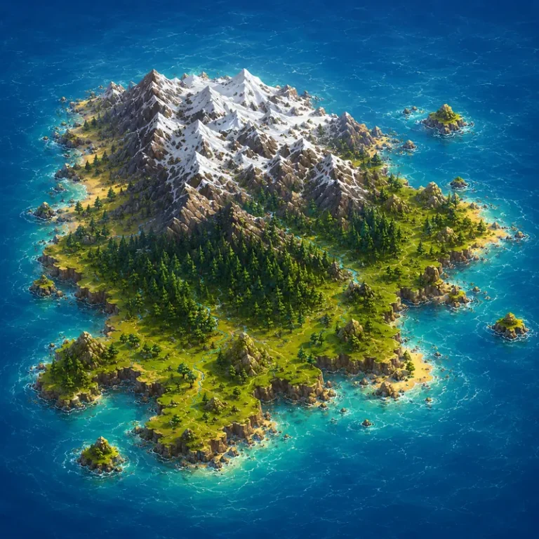 Illustrated island inspired by the Alps with snow-covered mountains, forests, and crystal-clear coastal waters.