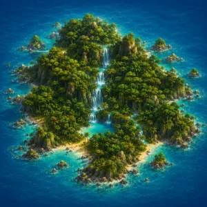 SuperJackie Around the World – Tropical Rainforest Island Illustrated tropical rainforest island with cascading waterfalls, lush forests, and crystal-clear turquoise waters.