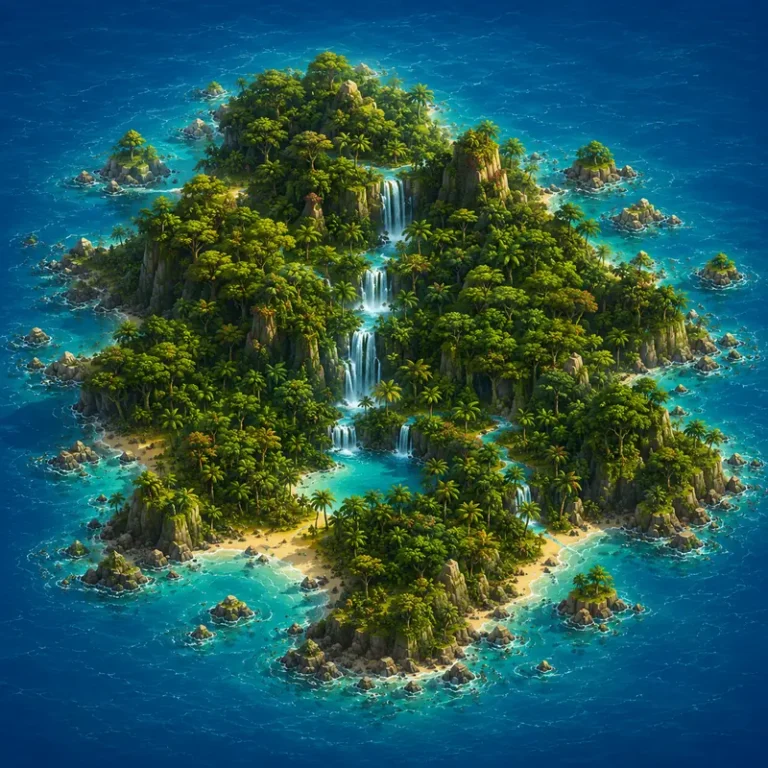 Illustrated tropical rainforest island with cascading waterfalls, lush forests, and crystal-clear turquoise waters.