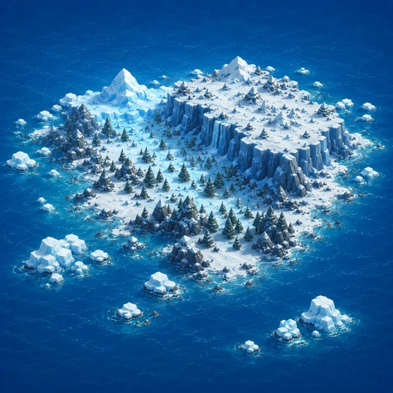Illustrated Arctic island with snow-covered mountains, frozen cliffs, pine forests, and floating icebergs.